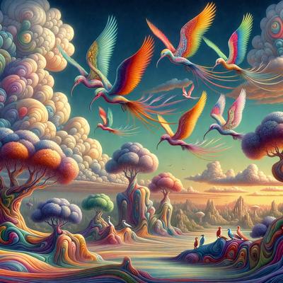 The primary subject of the image is a group of colorful birds flying in the sky. The birds are of various colors and sizes, creating a vibrant and lively scene. The setting is a cloudy sky, which adds to the overall atmosphere of the image. The visual style is a digital art or illustration, showcasing the artist's creativity and skill in depicting the birds in flight. The colors and mood of the image are predominantly bright and cheerful, with the birds' vivid colors